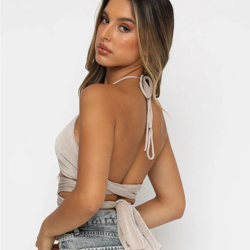 

Sexy Bandage Halter Crop Top Women Fashion Backless Party Clubwear Cross Lace Up Cropped Shirts Female T-shirts Streetwear Tees