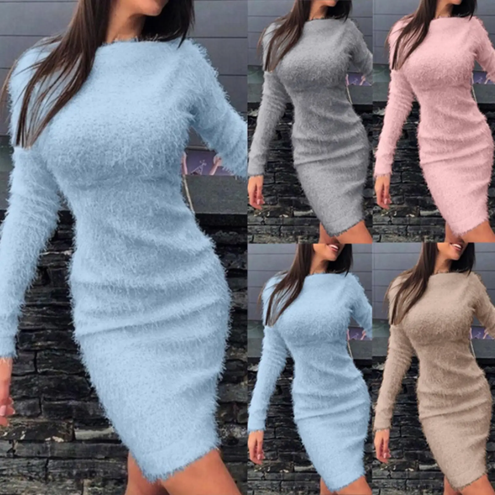 

2020 Newest Autumn Women Dress Plus Size 3XL Solid Color Long Sleeve Sweater Fluffy Kee-length Bodycon Dress Warm Clothes