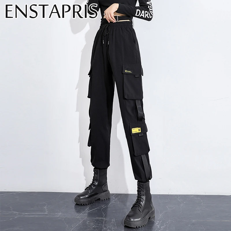 

Hip Hop Black Cargo Pants Women Multi Pockets Elastic High Waist Oversized Jogging Femme with Belt Pantalon Cargo Automne 2021