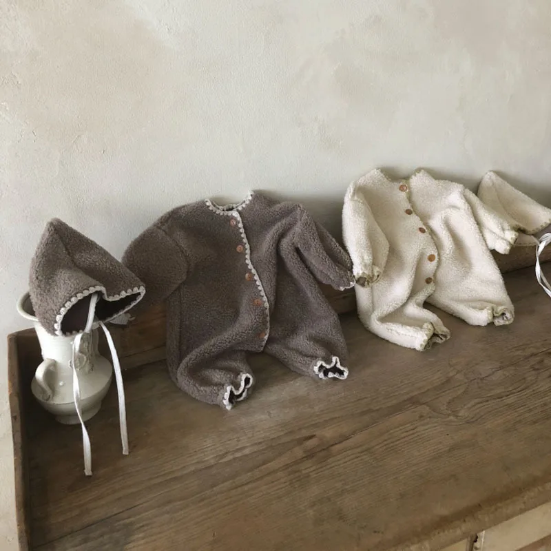 2022 Winter New Baby Plus Velvet Lamb Wool Romper Newborn Warm Jumpsuit + Hat Cute Infant Toddler Clothes Thick Windproof Romper
