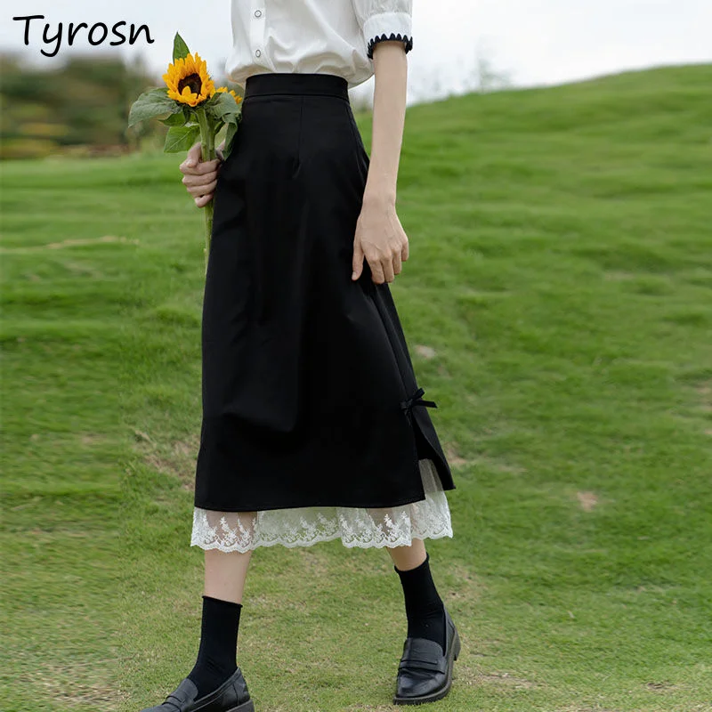 

Skirts Women Lace Patchwork Design High Waist Elegant Lady Summer Fashion Harajuku Sweet Midi A-line Chic New Casual Streetwear
