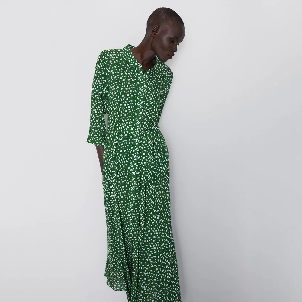 Trendy ZA Green White Dot Print Long Dress Women Boho Turn-Down Collor Belt Split Hem Design Charm Elegant Autumn Style Dress