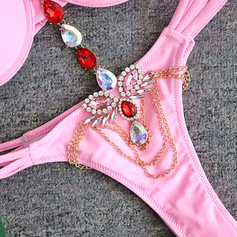 Женский купальник бикини со стразами однотонный розовый и металлическими