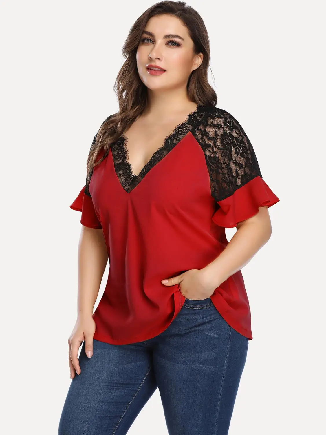 DOIB Women Large Size Tops Blouse Short Flare Sleeve Lace Patchwork Oversize Tops Shirt Summer Plus Size Blouse 4XL