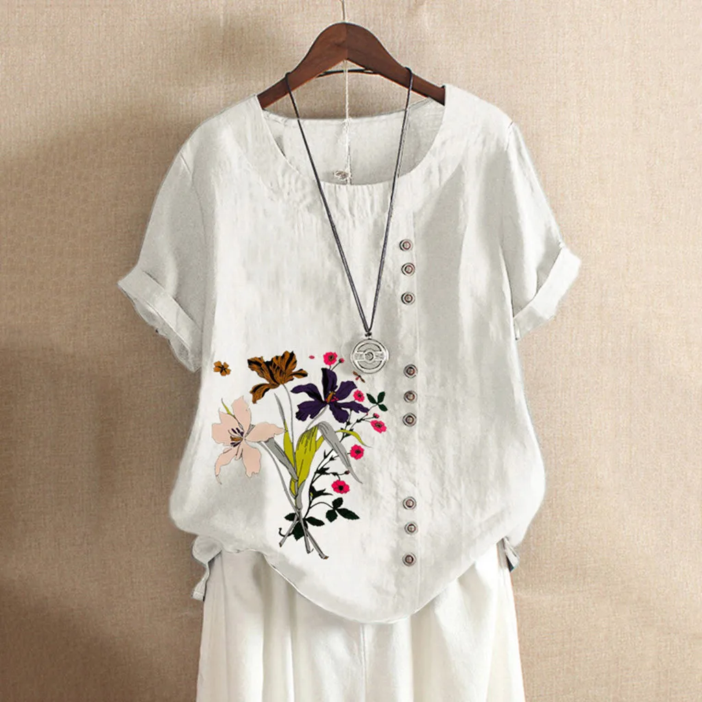 Feitong Женская Повседневная Плюс Размер o-образным вырезом цветочный принт свободный Кнопка Туника рубашка блузка Топы с короткими рукавами для женщин