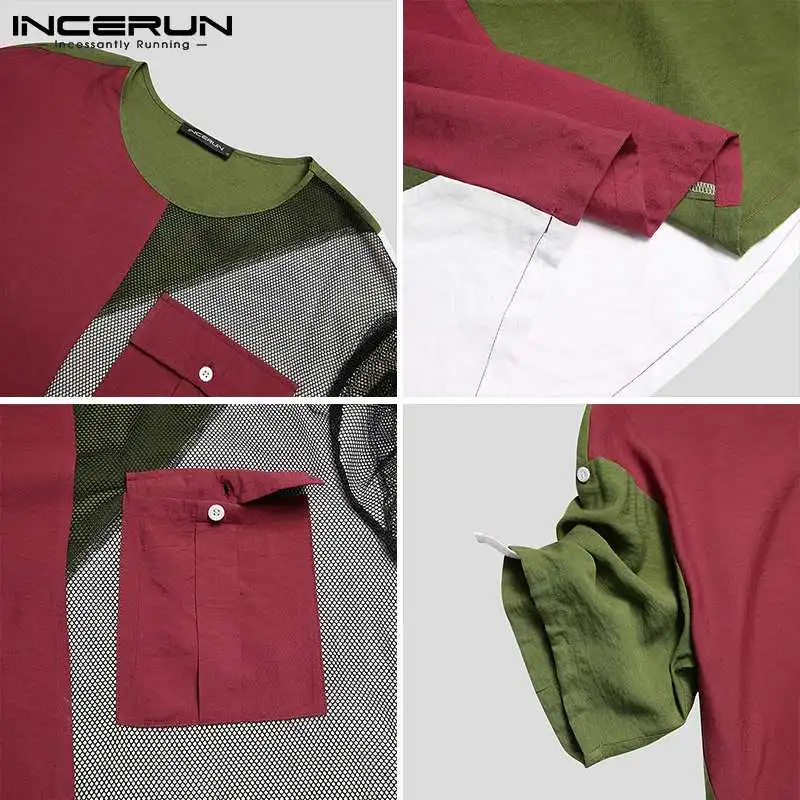 

INCERUN Men Sets Streetwear Mesh Patchwork Transparent O Neck Short Sleeve T Shirt Drawstring Shorts Fashion Men's Suit 2 Pieces