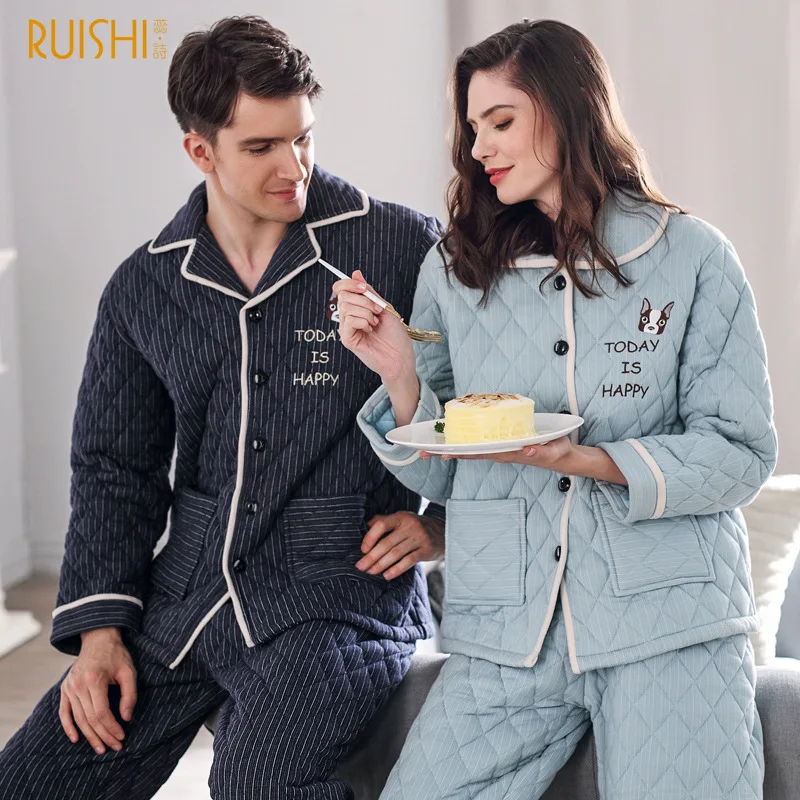 Couple's Pajamas Sets Three Layer Cotton Padded Thickened Winter Cartoon Men's and Women's Sleepwear Two Piece Set Plus Size