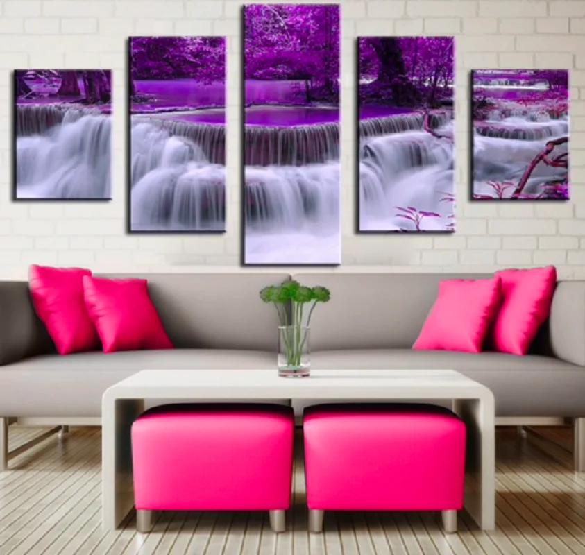 

No Framed Purple Waterfall Landscape 5 piece Wall Art Canvas Print Posters Paintings Painting Living Room Home Decor Pictures