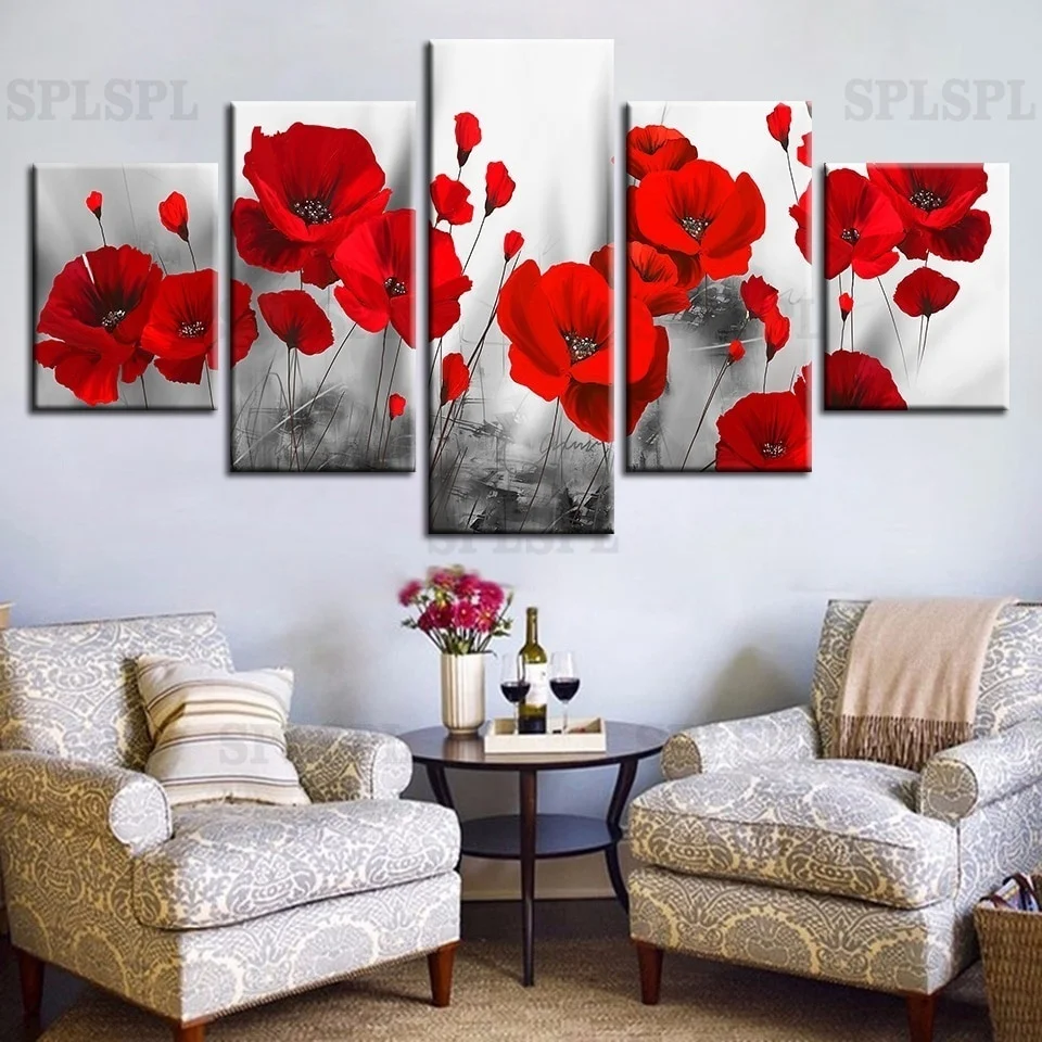 Холст печатных фотографии Гостиная Wall Art 5 шт. Романтический Маки Картины красные