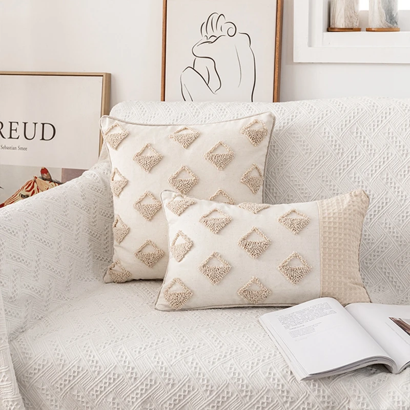 

Tassel Cushion Cover Beige Square Tufted Pillowcase Cover Fashion Simple Home Decoration for Living Room Bedroom Sofa Decoration