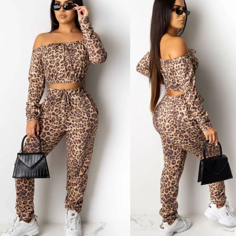 Лидер продаж 2 шт. женский леопардовый спортивный костюм на шнуровке с длинными