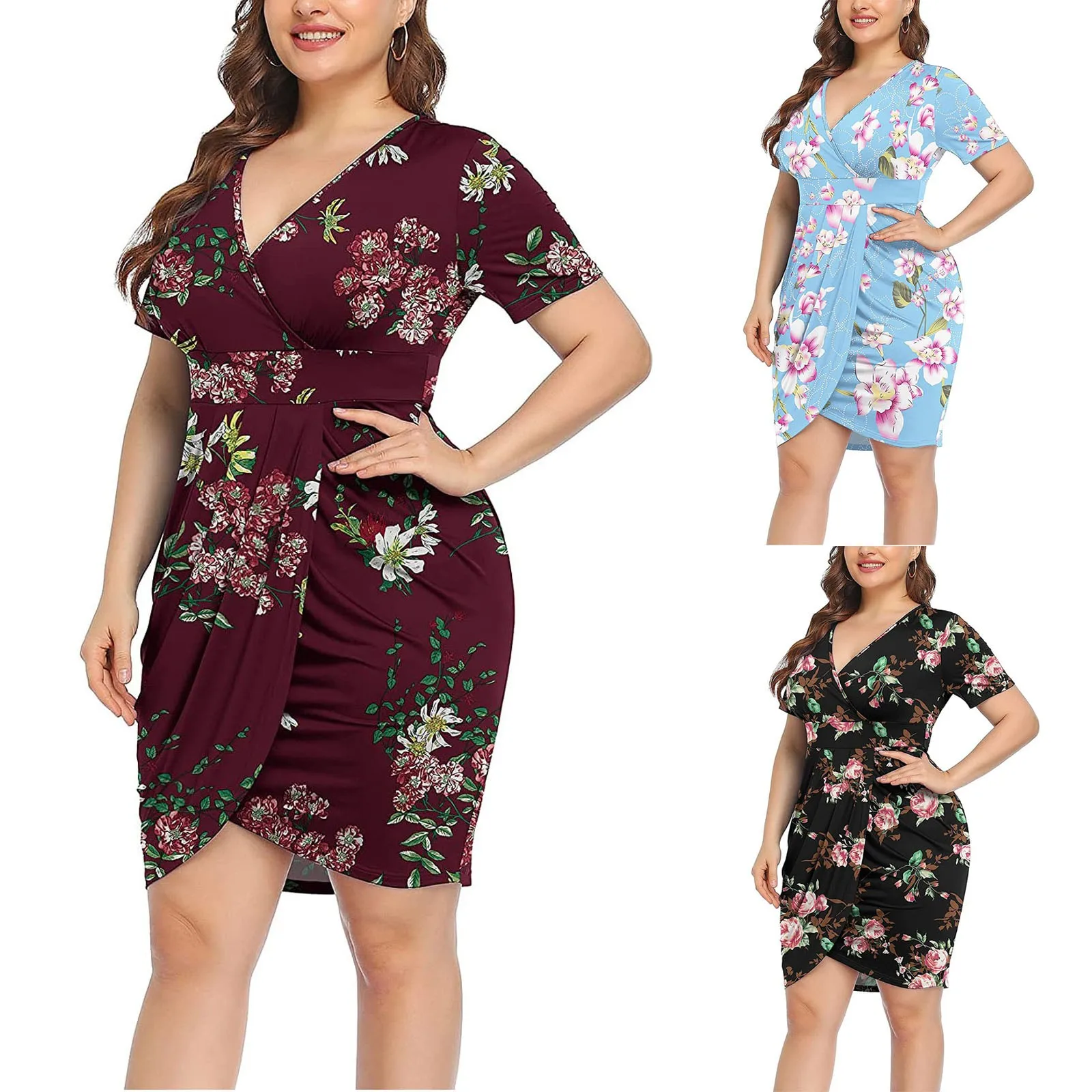 

Платье женское летнее с запахом, с коротким рукавом, глубоким V-образным вырезом и разрезом спереди, 2021, Xl-5xl