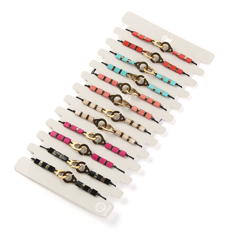 

2020 New Gold Color Handcuffs Charms Bracelets Bangles Handmade Adjustable Beads Bracelets For Women Fashion Jewelry 12PCS/set