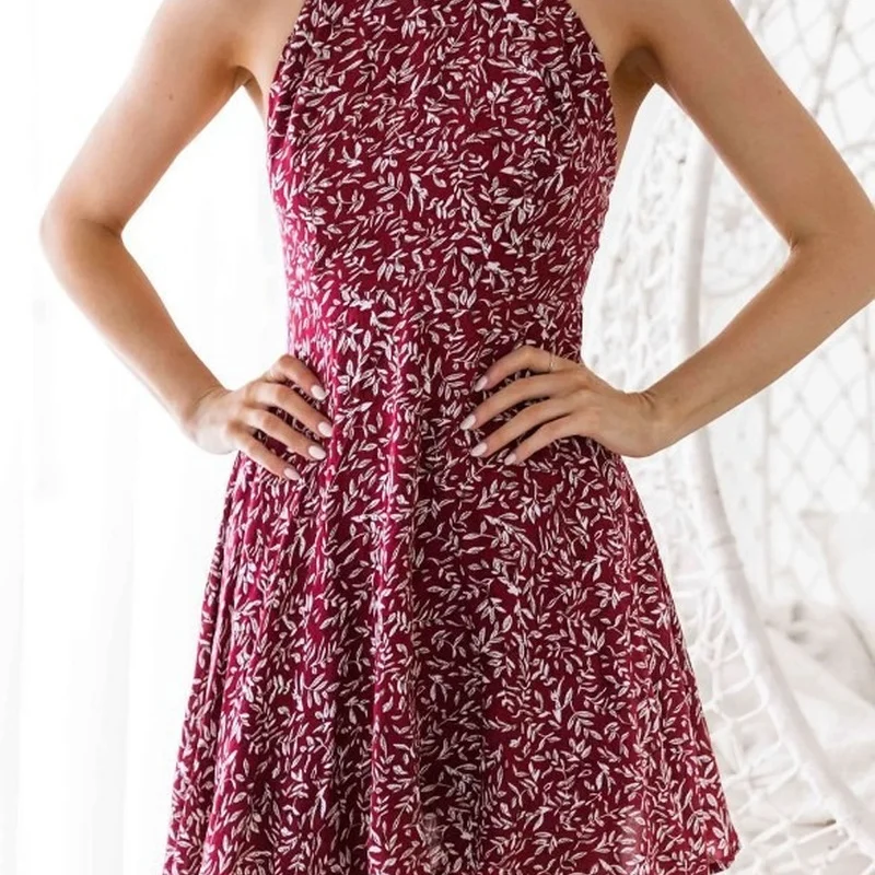 

Женское кружевное платье с лямкой на шее, Красное Облегающее платье средней длины без рукавов с принтом на шее, лето 2021