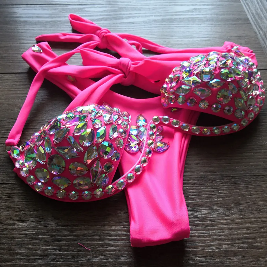 Женский купальник с кристаллами VIKINII серебристый пуш ап со стразами