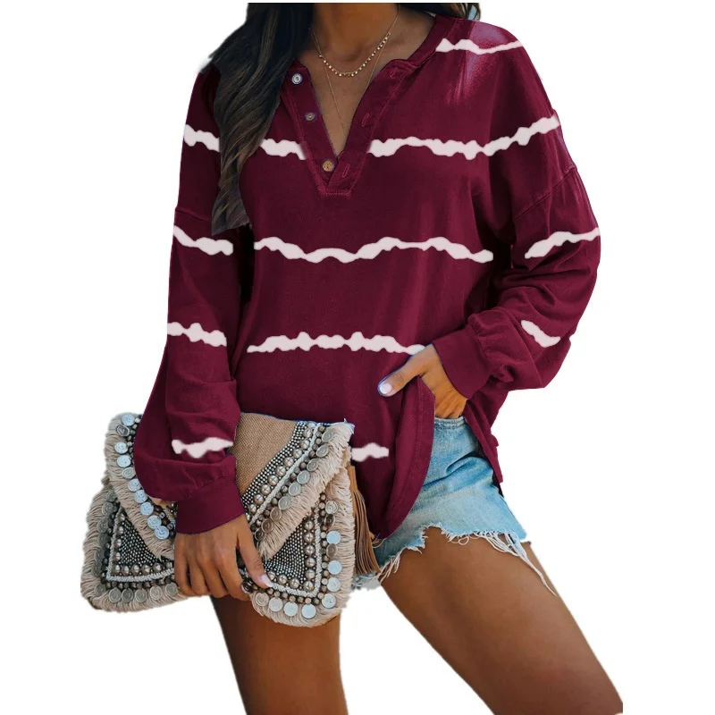 

Autumn and Winter Womens Casual Tops Loose V-neck T-shirt Long Sleeve Blouse Ladies Fashion Cotton Stripe Shirts Plus Size