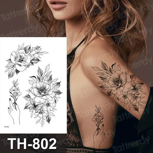 Временные водостойкие тату-Стикеры с цветком, поддельные черные эскизы, тату с изображением листьев, животных, волка, рукав, наклейка на тело