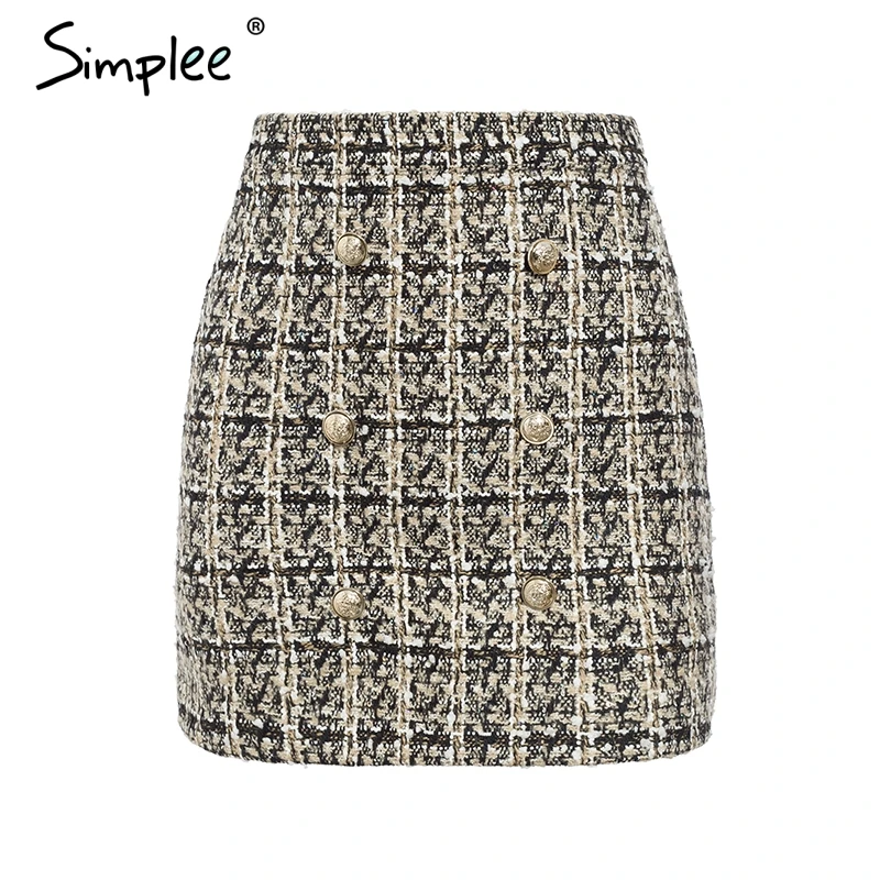 pattern1 khaki Simplee двубортные твидовые клетчатые женские юбки Прямые элегантные офисные женские короткие мини-юбка Vintage осенняя женская юбка - Цвет: pattern1 khaki