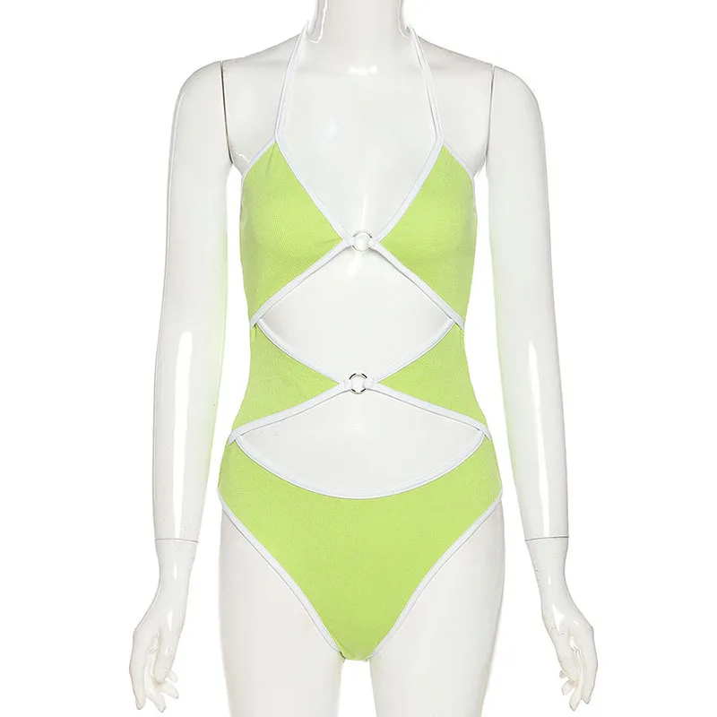 

2021 Spring Summer Trend Leisure New Green Sleeveless Bandage Hanging Neck Halter Sexy Hollow Open Navel Slim Bodysuit Women