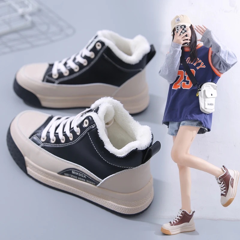 

Women's Flat Shoes 2022 High Quality New Low-top Thick-soled Lace-up Fashion Casual Vulcanized Shoes Plus Velvet Cotton Shoes