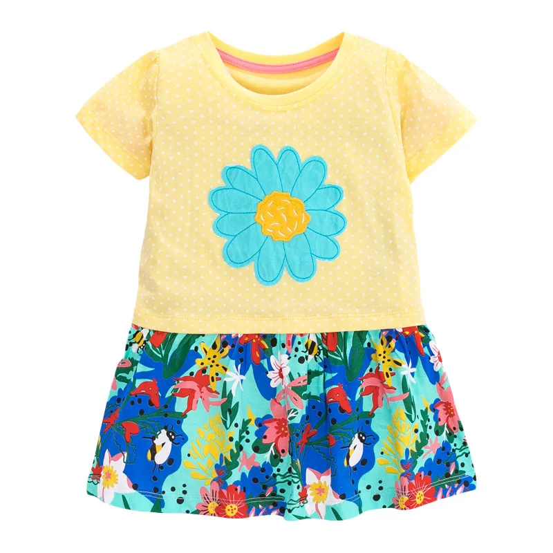 

Little Maven New Summer Kids Yellow Sun Flower Appliques Sandbeach O-neck Girls 2-7yrs Short-Sleeved Cotton Knitted Dresses