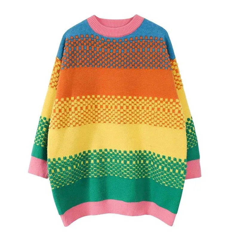 

2020 Female Warm Rainbow Sweater And Pullovers One-Piece Autumn Winter Women Knitwear Korean Woman Oversized Pull Sweaters