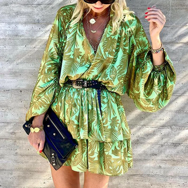 

Autumn Women Dress V Neck Leaf Print Long Sleeve A Line Ruffle Green Winter Boho Loose Short Dress 2021