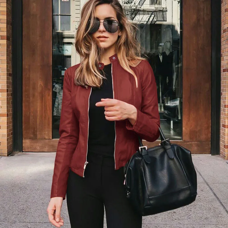 

Women Jackets Autumn Long Sleeve Zipper Coat Ladies PU Leather Jacket Fashion Slim Coats Female Jackets 12 Colors 050825