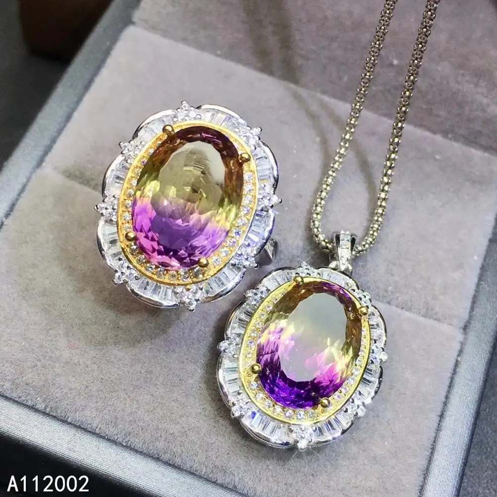 

KJJEAXCMY Fine Jewelry Ametrine 925 Sterling Silver Women Gemstone Pendant Necklace Chain Ring Set Noble Hot Selling