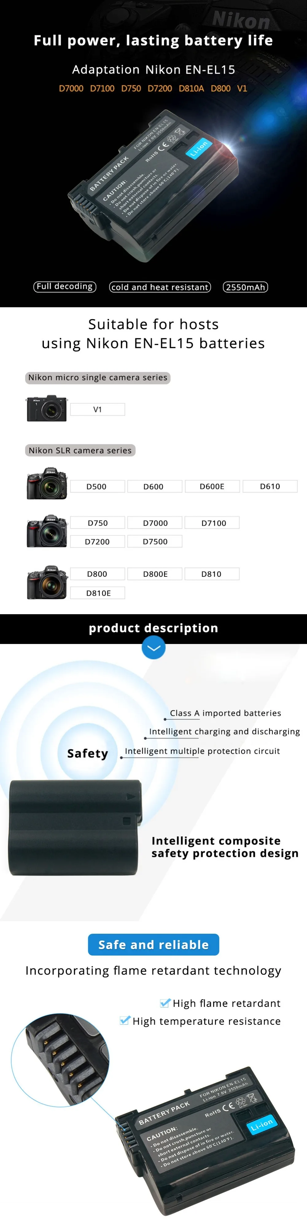 EN-EL15 2550 мА/ч, ENEL15 RU EL15 Перезаряжаемые Камера Батарея для Nikon V1 D500 D600 D600E D610 D750 D7100 D7000 D800 D810 D810E