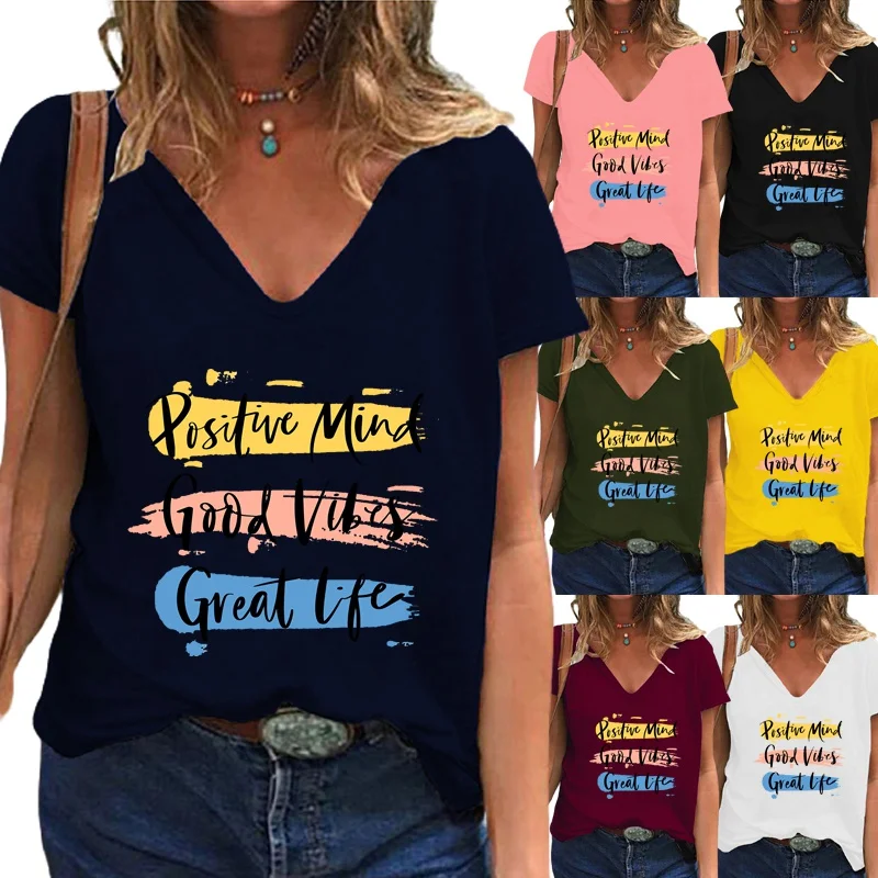 

Summer New Fashion Shirt for Women Ladies Casual Encourage Letter Printing Blouse Short Sleeve V-neck Tops Plus Size T-shirt