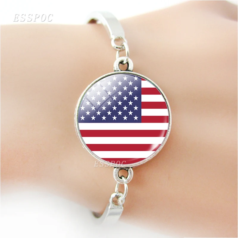 

Bracelet Necklace Earrings Jewelry Set the United States Flag Glass Cabochon Stud Earrings USA Flag Bracelet Necklace for Women