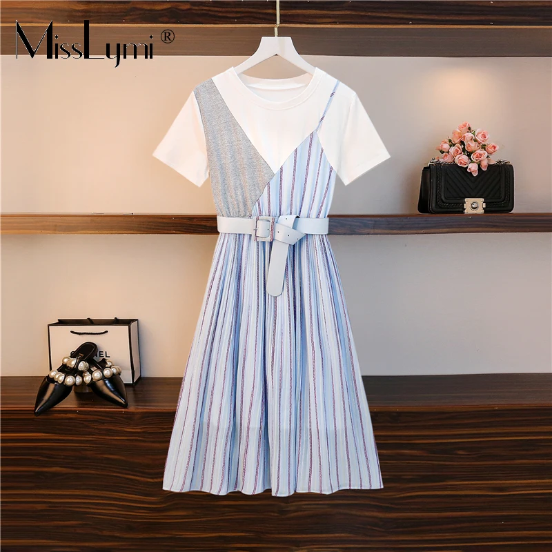 

L-4XL Plus Size Women Chiffon A-line Dress Blue Summer 2021 Fashion Loose Stripe Patchwork Fake Two Pieces Dress Female Belt