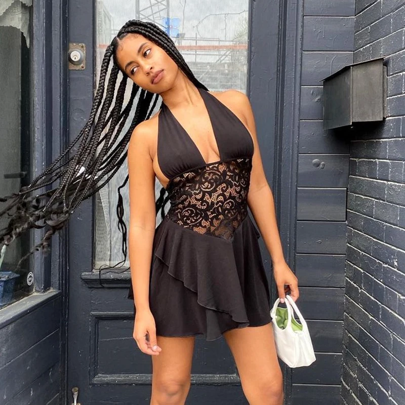 

Rockmore Lace Cut Out Mini Dress Sexy Halter Neck Beach Party Dress Vintage Sleeveless Short Sundress Summer Club Female Black