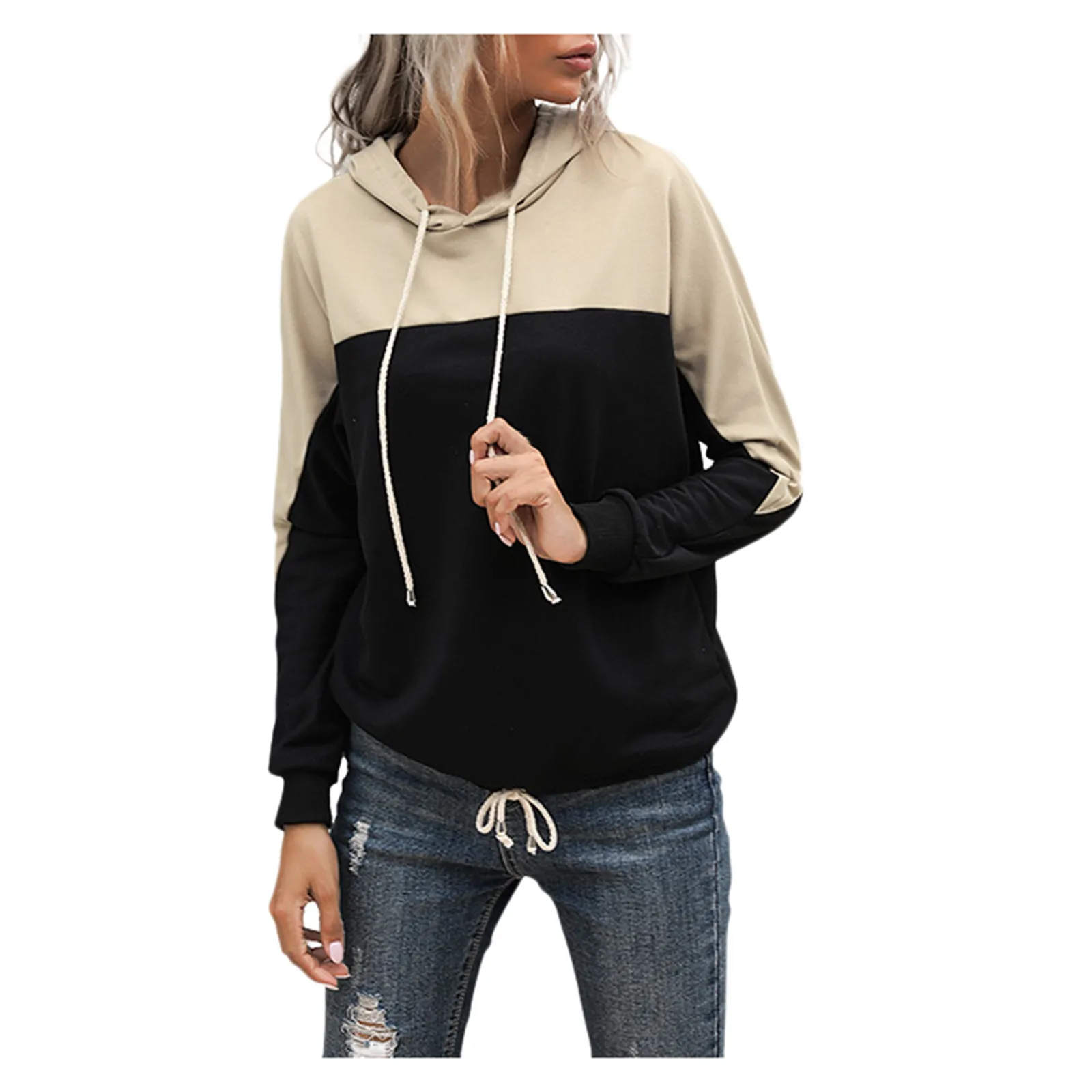 

Cap Head And Loose Trend Cover Women's Patchwork Hoodie Black Women's Blouse Shirt
