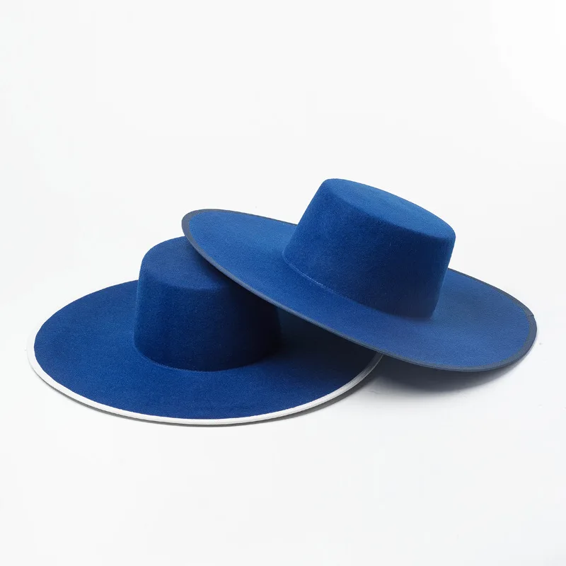 Neue Blau Echt Wolle Flache Fedora Hut Männer Wome einfarbig Große Breite Krempe Fühlte Hut Derby Party Kirche Hut einstellbare Panama Jazz Hut – Detail 1