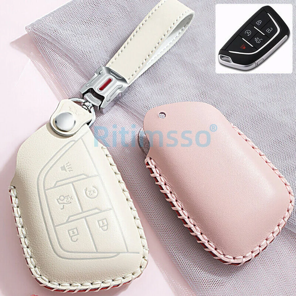 

Leather Key Fob Case Cover Holder for Cadillac CT4 CT5 2019 2020 5 buttons