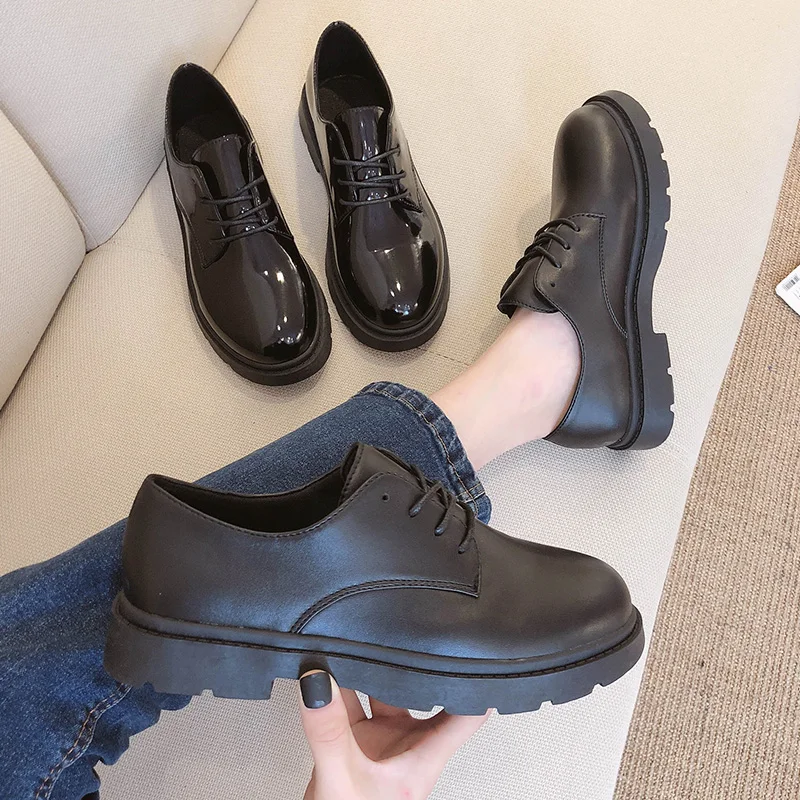 

Korean Shoes Female Footwear Oxfords Women's Autumn Black Flats Round Toe Casual Sneaker 2021 Nurse Dress New Cross Leather Fall