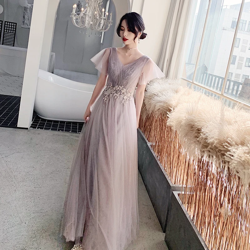 

Evening Dresses Tulle Pleat Appliques Dark Purple A-line Floor-length Illusion Short Sleeves Plus size Lady Formal Dress A049