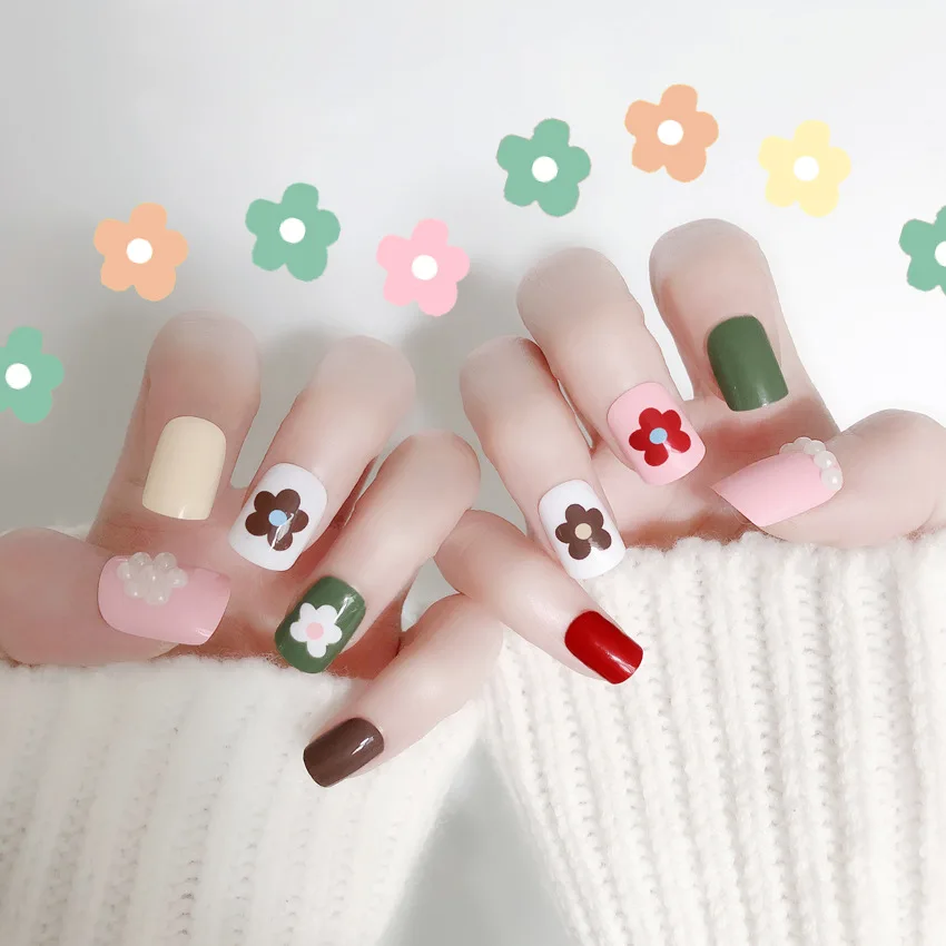 Ladies Fashion Green White Color Fake Nails Long Designs Artificial False Nail Tips Full Cover Art with Glue 24pcs/set | Красота и