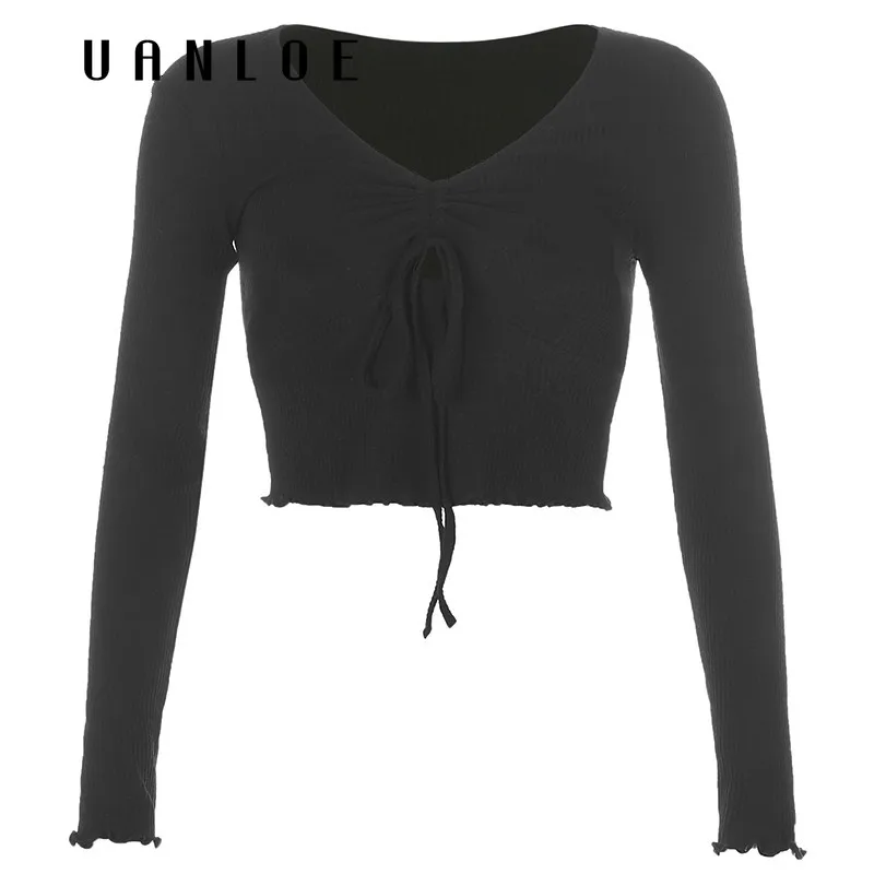 

Cut Out Sexy V-neck T-shirts Women Autumn Rib Knitted Streetwear Tshirt Fashion Skinny Lace up Frill Ruffle Tee Top 2020