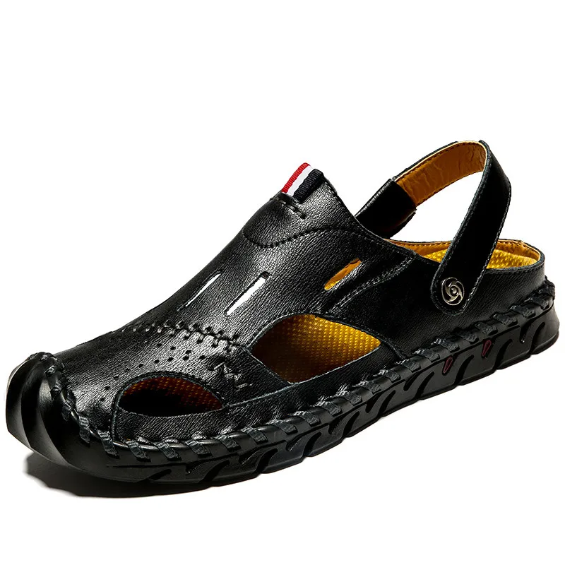 VastWave Summer Cow Leather Men's Sandals Beach Shoes Handmade Outdoor Casual Man Soft Luxury Hollow Sandalias | Обувь
