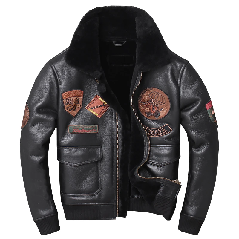 

Genuine Free Shipping Men's Warm Sheepskin Jackets Large Size High Quality Thick Military Shearling Super Jacket