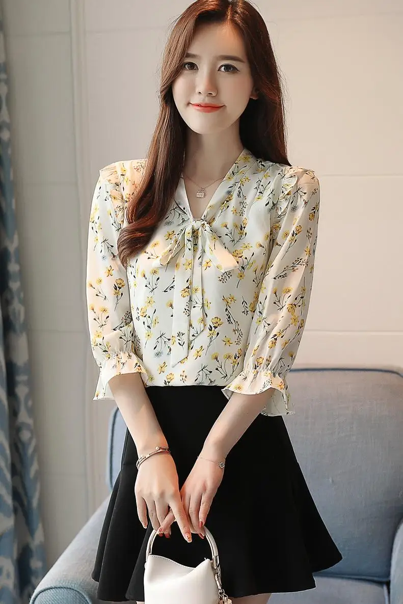 

Houthion Chiffon Slim Women's Blouses Fashion 3/4 Sleeve Top New Casual Blouse Bow Tie Printing Shirt Spring/autumn