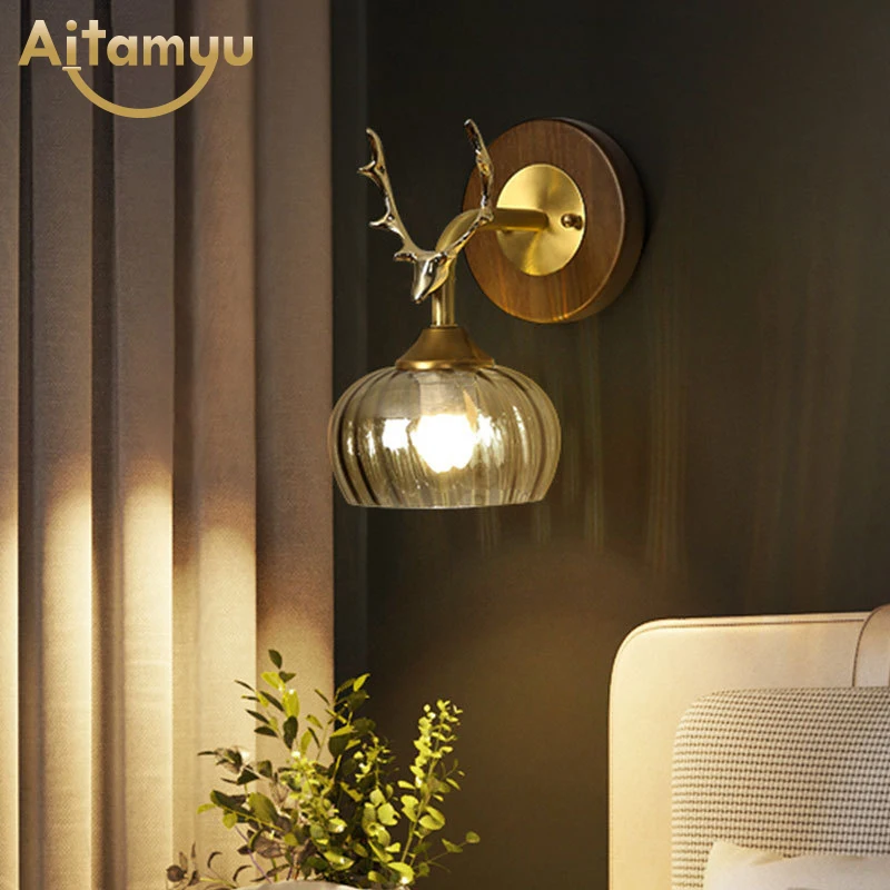 

Antler Shaped Golden Metal Wall Light With Glass Lampshade Modern Wall Lamp Staircase Deer Bedside Lights Home Lighting
