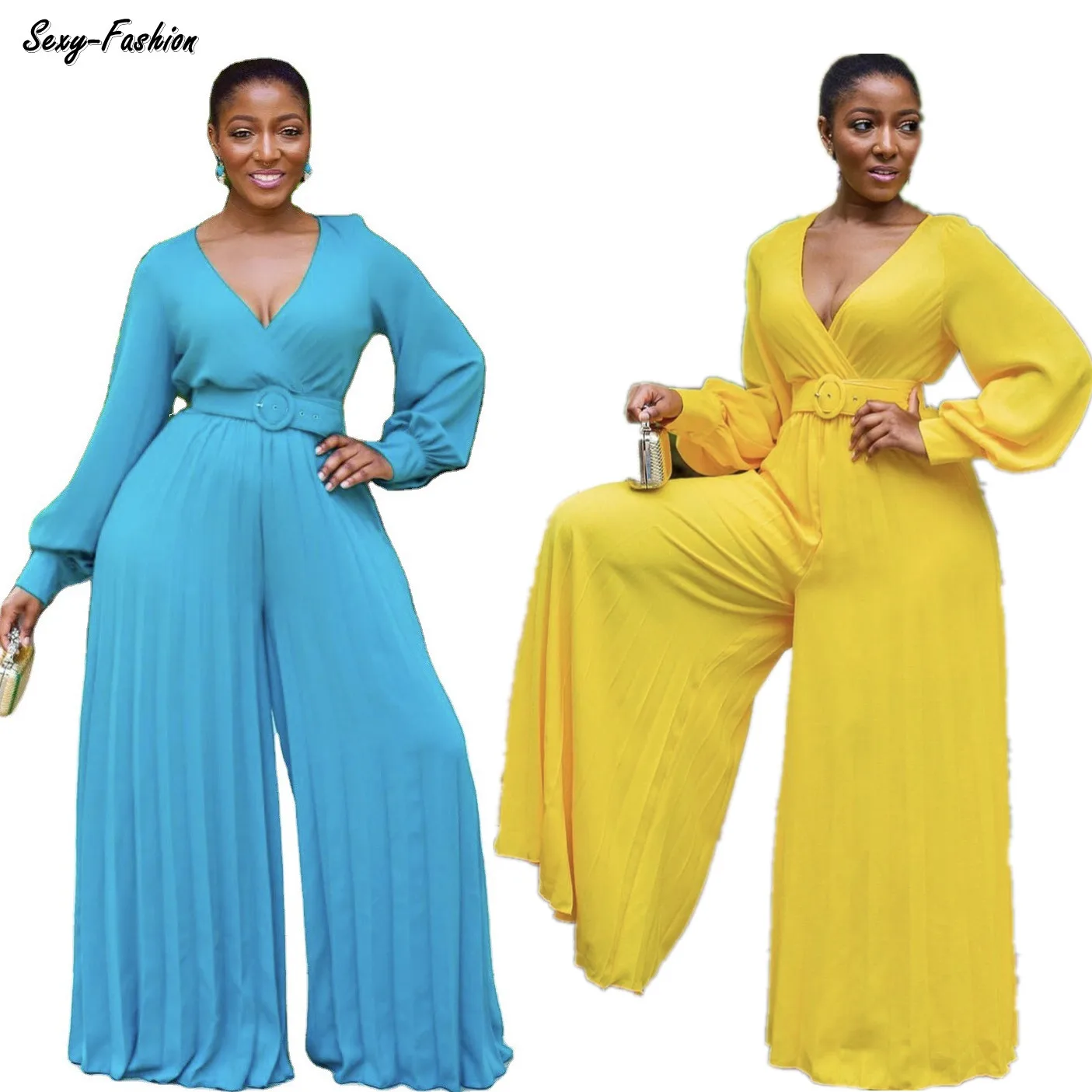 

Somoshein Loose Pleated Wide Leg Jumpsuit One Piece Women Evening Outfit Lantern Sleeve V-Neck Romper Wholesale Dropshipping