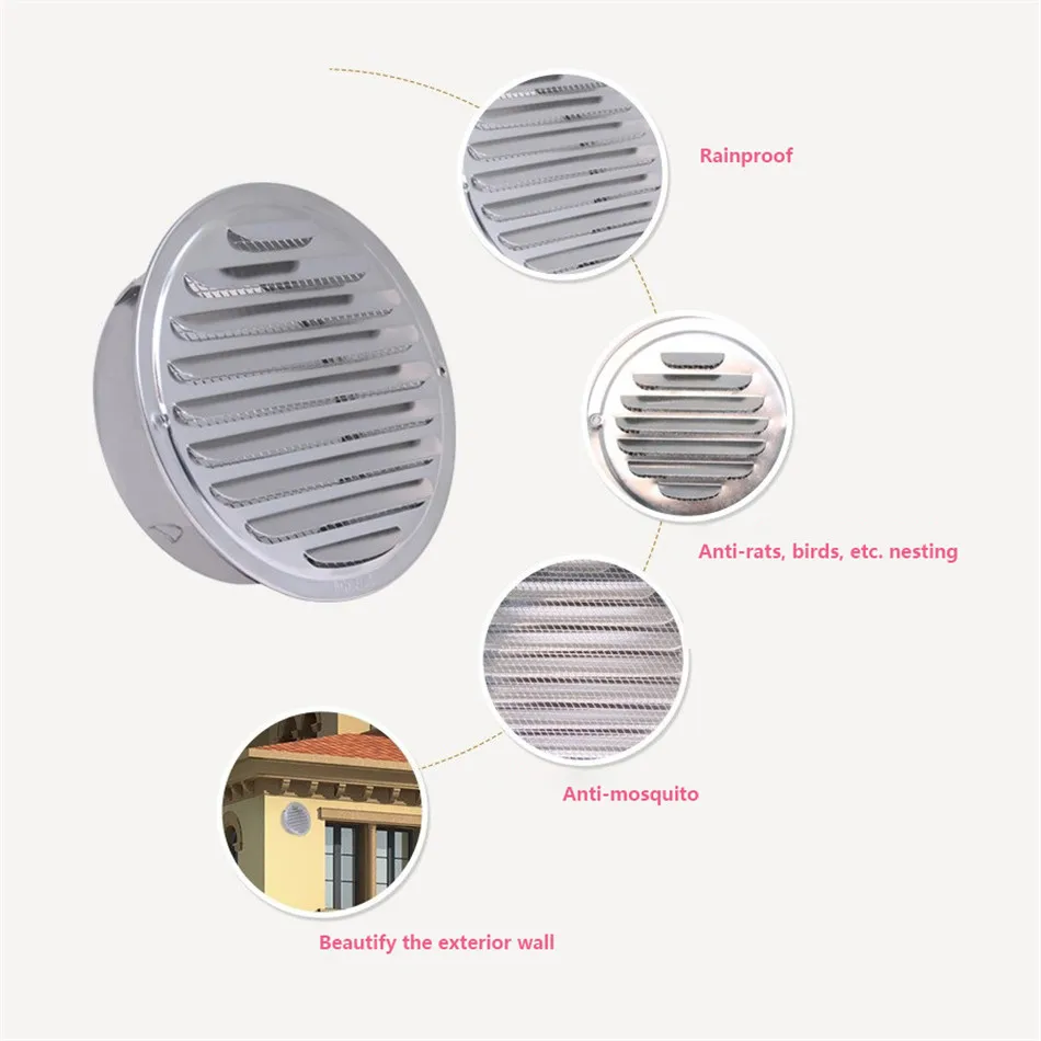 

TTLIFE Stainless Steel Exterior Wall Air Vent Grille Round Ducting Ventilation Grilles 70/80/100/120/150/160/180/200mm Air Vent