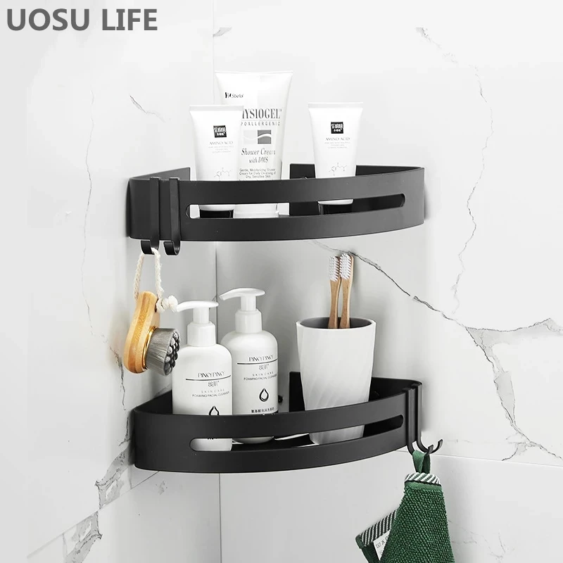

UOSU LIFE Bathroom Shelf Organizer Shower Storage Rack Black Corner Shelves Wall Mounted Aluminum Toilet Shampoo Holder No Drill
