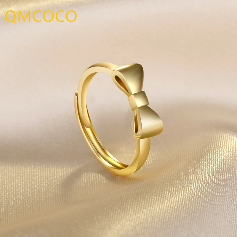 

QMCOCO Элегантные классические дизайнерские кольца с бантом из серебра 925 пробы с изменяемым размером Золотое женское кольцо для свадебной ве...