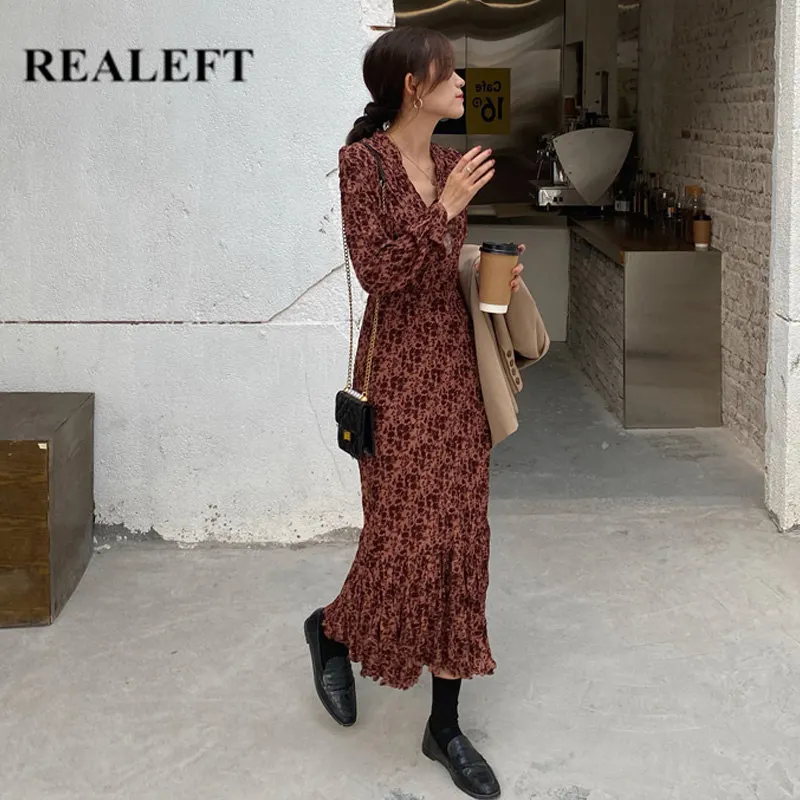 Женское длинное платье REALEFT шифоновое в Корейском стиле с длинным рукавом и